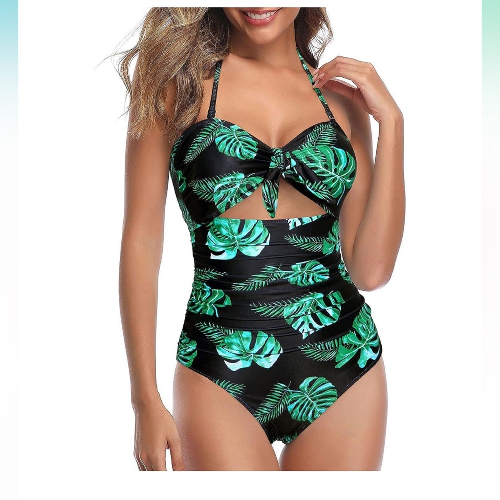Tempt Me Cutout Tummy Control High Waisted Halter Front Tie Knot Bathing…